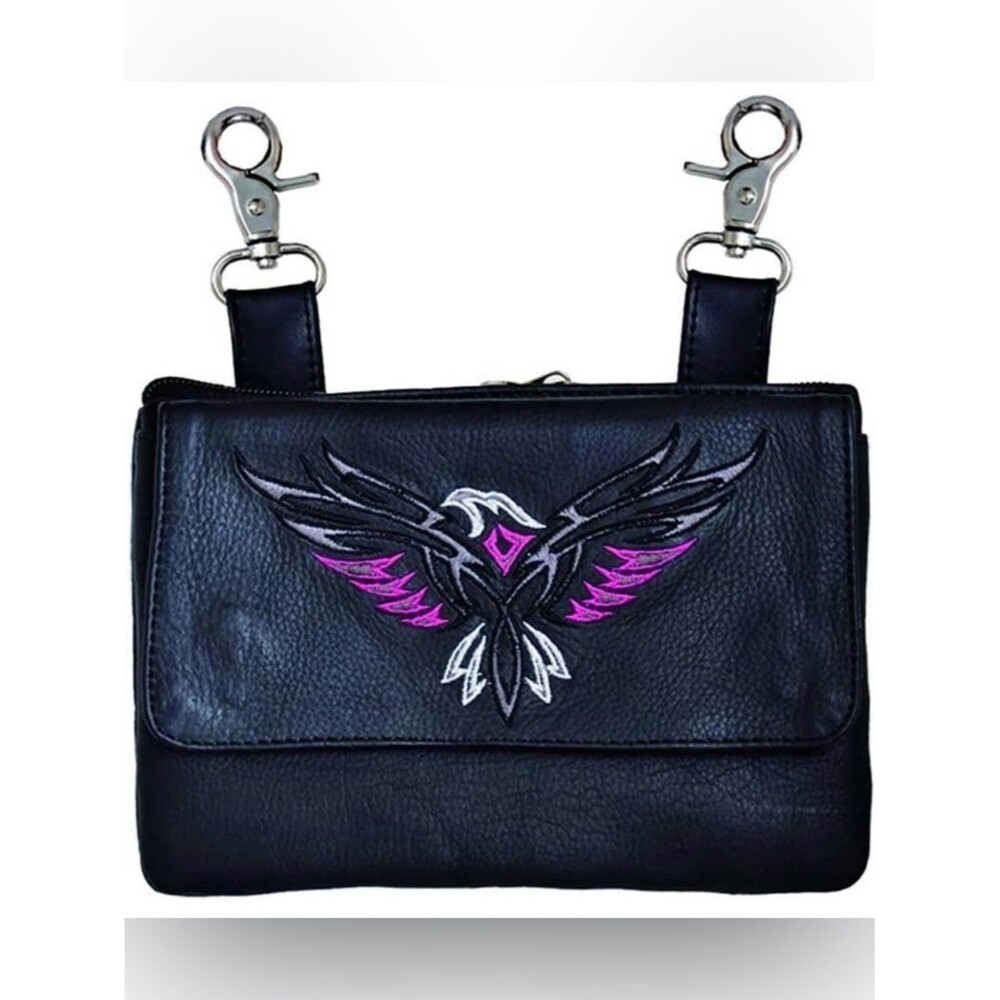Biker Leather Eagle Hip Bag Pink Black Embroidered Pouch Clip On Waist